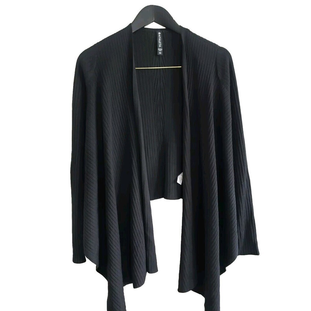 Athleta Crop Cardigan Women's XS Black Ribbe Merino Wool Solistice Flowy